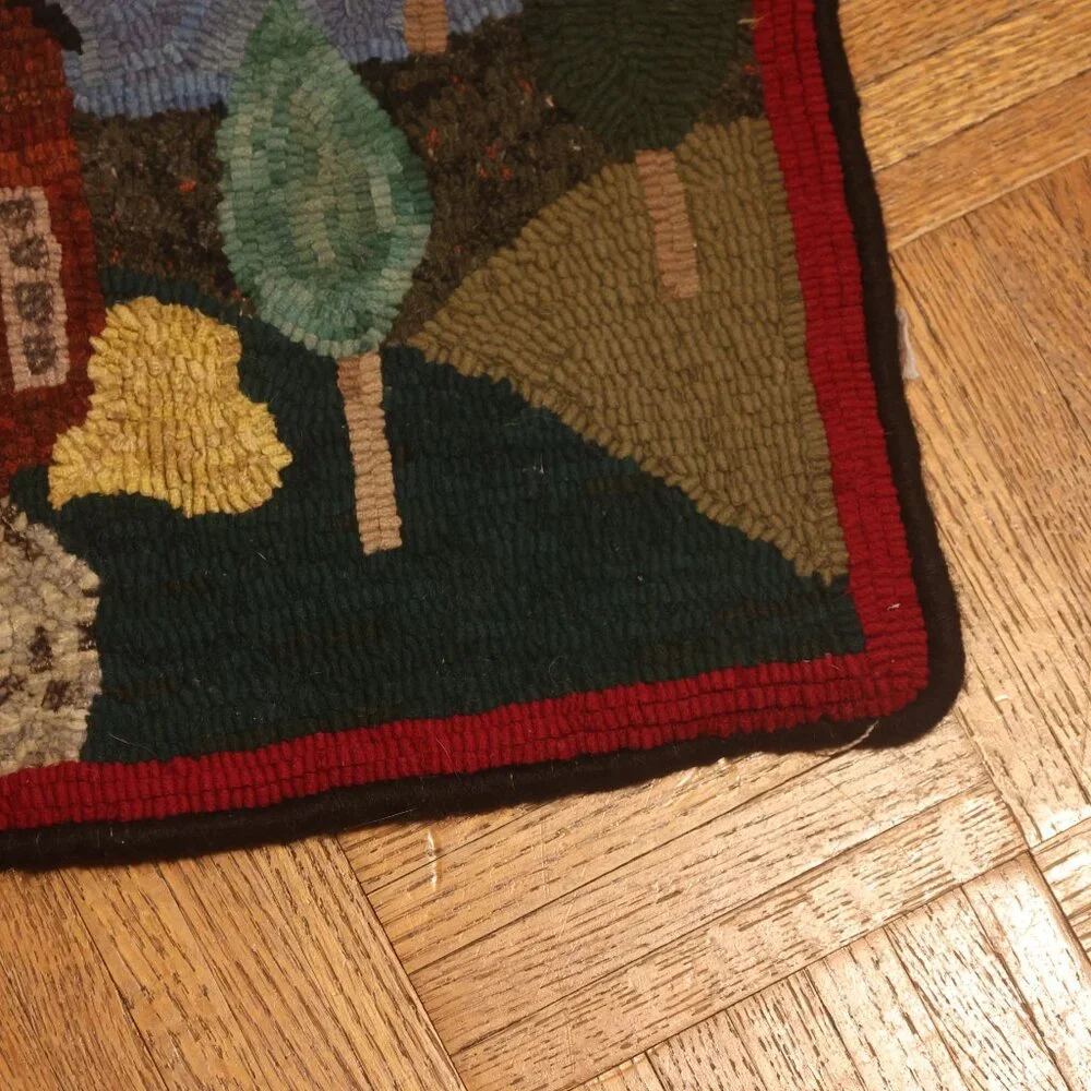 VINTAGE Hand Hooked Rug Summer HOME House Trees Landscape Primitive Folk 19x15